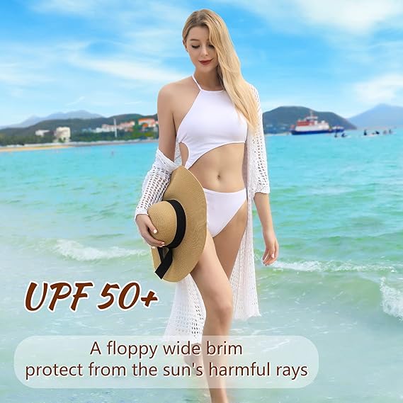 Beach Hats for Women, Wide Brim Sun Straw Hat for Women, Sun Hat UPF 50+ UV Protection