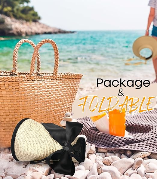 Sun Visors for Women Wide Brim Beach Hat Foldable Straw Visor Hat Ponytail Summer Packable UPF