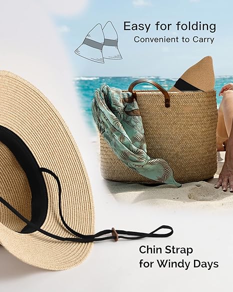 Womens Beach Sun Straw Hat UV UPF 80+ Travel Foldable Brim Summer UV Hat