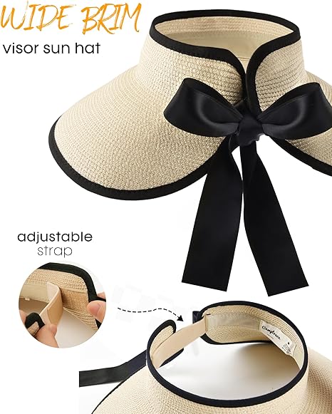 Sun Visors for Women Wide Brim Beach Hat Foldable Straw Visor Hat Ponytail Summer Packable UPF