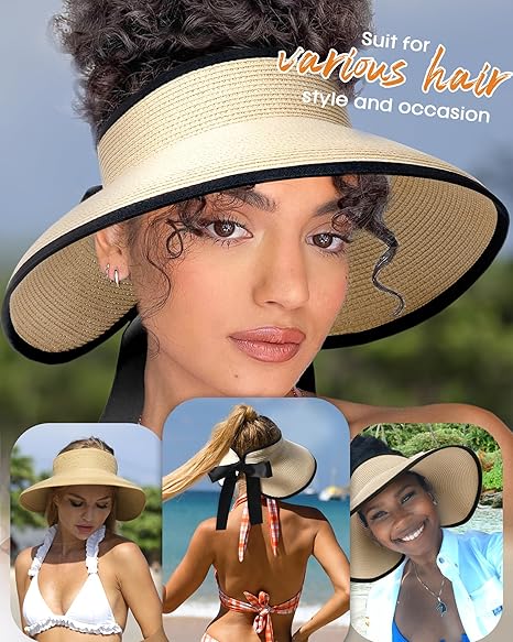Sun Visors for Women Wide Brim Beach Hat Foldable Straw Visor Hat Ponytail Summer Packable UPF