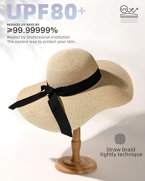 Womens Sun Straw Hat Wide Brim UPF 80 Summer Hat Foldable Packable Floppy Beach Hats for Women