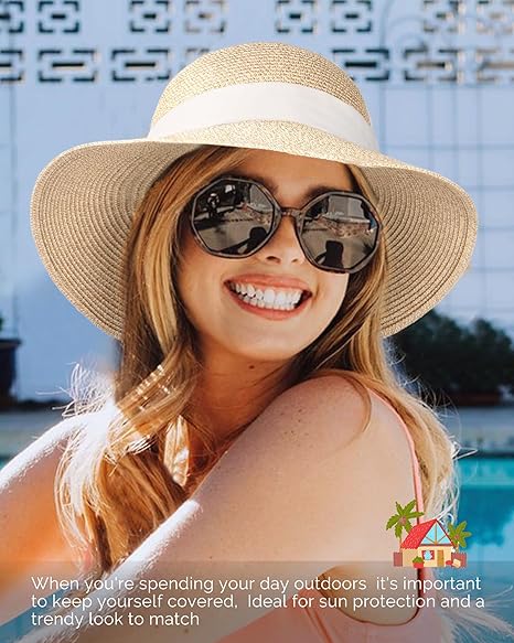 Womens Beach Sun Straw Hat UV UPF 80+ Travel Foldable Brim Summer UV Hat