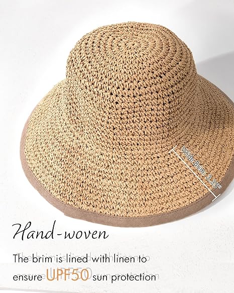 Summer Straw Beach Sun Hats for Women UPF 50 Floppy Wide Brim Travel Bucket Hat Foldable Packable